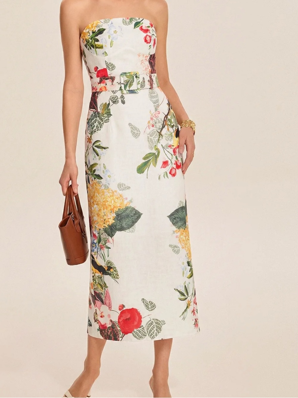Commense Strapless White Floral Belted Midi Maxi Dress Size S